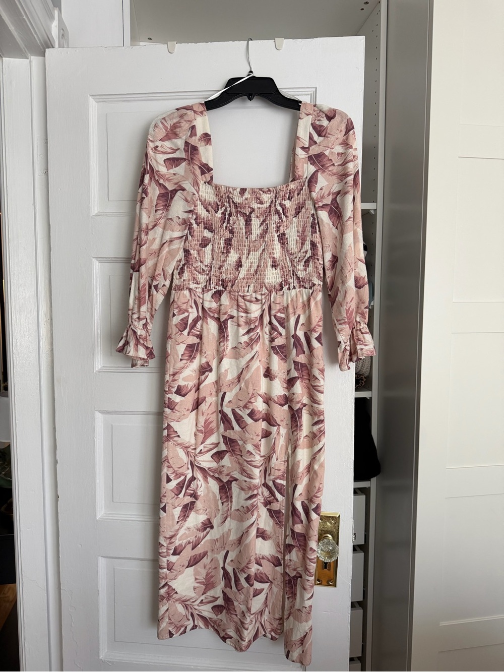 Harlow Blush Pink Leaf-Print Smocked Midi Dress